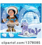 Poster, Art Print Of Happy Inuit Eskimo Girl Presenting By Seals And An Igloo