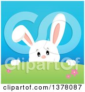 Clipart Of A Happy White Bunny Rabbit Peeking Over A Green And Blue Background Royalty Free Vector Illustration