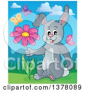 Clipart Of A Happy Gray Bunny Rabbit Holding A Flower Surrounded By Butterflies Royalty Free Vector Illustration
