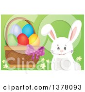 Poster, Art Print Of Happy White Bunny Rabbit By A Basket Of Easter Eggs