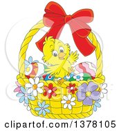 Poster, Art Print Of Happy Yellow Chick In A Basket Of Easter Eggs And Flowers