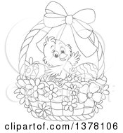 Poster, Art Print Of Black And White Happy Chick In A Basket Of Easter Eggs And Flowers