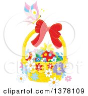 Butterfly On A Bow Of A Basket Of Easter Eggs And Flowers