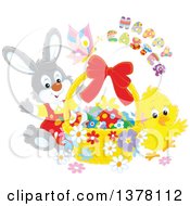 Poster, Art Print Of Happy Easter Greeting Over A Butterfly Bunny And Chick With A Basket Of Eggs