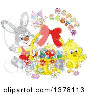 Poster, Art Print Of Happy Easter Greeting Over A Butterfly Bunny Rabbit And Chick With A Basket Of Eggs