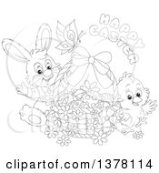 Poster, Art Print Of Black And White Happy Easter Greeting Over A Butterfly Bunny Rabbit And Chick With A Basket Of Eggs