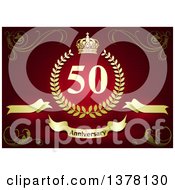 Clipart Of A Golden 50th Anniversary Wreath With A Crown Banners And Swirls Over Red Stripes Royalty Free Vector Illustration