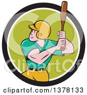 Poster, Art Print Of Retro Cartoon White Male Baseball Player Athlete Batting In A Black White And Green Circle