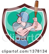 Clipart Of A Retro Cartoon White Male Baseball Player Athlete Batting In A Brown White And Turquoise Shield Royalty Free Vector Illustration