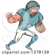 Clipart Of A Painted Caricature Styled American Football Player Defending Royalty Free Vector Illustration