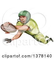 Poster, Art Print Of Watercolor Caricature Styled American Football Player In A Touchdown
