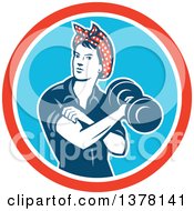 Retro Woman Rosie The Riveter Rolling Up A Sleeve And Working Out Doing Bicep Curls With A Dumbbell In A Red White And Blue Circle