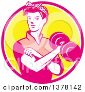 Clipart Of A Retro Woman Rosie The Riveter Rolling Up A Sleeve And Working Out Doing Bicep Curls With A Dumbbell In A Pink White And Yellow Circle Royalty Free Vector Illustration by patrimonio