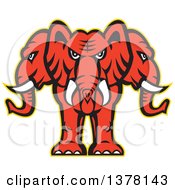 Poster, Art Print Of Retro Red Three Headed Elephant With A Yellow Outline