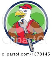 Poster, Art Print Of Cartoon Bald Eagle Mechanic Man Holding A Wrench Emerging From A Blue White And Green Circle