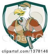 Poster, Art Print Of Cartoon Bald Eagle Mechanic Man Holding A Wrench Emerging From A Green White And Tan Shield
