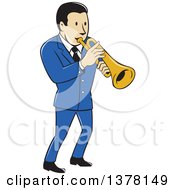 Poster, Art Print Of Retro Cartoon Male Musician Playing A Trumpet And Wearing A Blue Suit