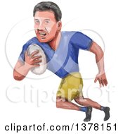Poster, Art Print Of Watercolor Caricature Styled Rugby Player Running