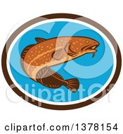 Poster, Art Print Of Retro Swimming Burbot Fish In A Brown White And Blue Oval