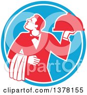 Poster, Art Print Of Retro Red And White Male Waiter Holding A Cloche Platter And Looking Up In A Blue Circle