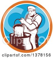 Poster, Art Print Of Retro Male Cheesemaker Pouring A Bucket Of Curd And Whey Into A Vat In An Orange White And Blue Circle