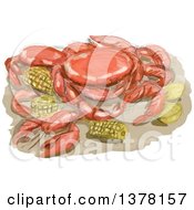 Poster, Art Print Of Watercolor Cajun Seafood Meal With Shrimp Crawfish And Crab Lemon And Corn Cob