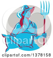 Retro Blue And Red Female Farmer Carrying A Sack And A Pitchfork In A Taupe Circle