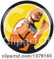 Clipart Of A Retro Excited Man Doing A Fist Pump In A Black White And Yellow Circle Royalty Free Vector Illustration