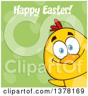 Poster, Art Print Of Yellow Chick Peeking Around A Corner And Saying Happy Easter Over A Green Egg Pattern