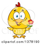 Clipart Of A Yellow Chick Holding A Flower Royalty Free Vector Illustration