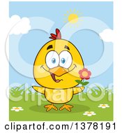 Clipart Of A Yellow Chick Holding A Flower On A Sunny Day Royalty Free Vector Illustration