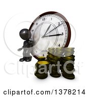 Poster, Art Print Of 3d Black Man Checking His Watch And Leaning Against A Clock By Coins On A White Background