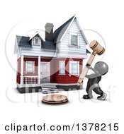 Poster, Art Print Of 3d Black Man Auctioneer Banging A Gavel In Front Of A Home On A White Background
