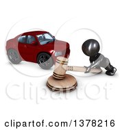 Poster, Art Print Of 3d Black Man Auctioneer Banging A Gavel By A Car On A White Background