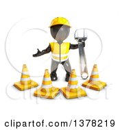 Poster, Art Print Of 3d Black Man Construction Worker Holding A Wrench And Standing Behind Cones On A White Background