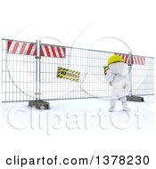Poster, Art Print Of 3d White Character At A Construction Barrier On A White Background