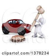 Poster, Art Print Of 3d White Man Auctioneer Banging A Gavel By A Car On A White Background
