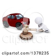 3d White Man Auctioneer Banging A Gavel By A Car On A White Background