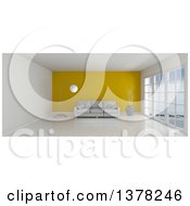 Poster, Art Print Of 3d White Room Interior With Floor To Ceiling Windows A Yellow Feature Wall And Furniture