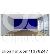 Poster, Art Print Of 3d Empty Room Interior With Floor To Ceiling Windows Wooden Flooring And A Purple Feature Wall