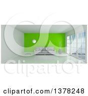 Poster, Art Print Of 3d White Room Interior With Floor To Ceiling Windows A Green Feature Wall And Furniture