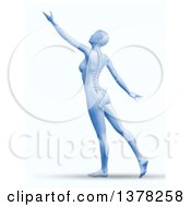 Clipart Of A 3d Blue Anatomical Woman Reaching Or Dancing With Visible Spine On Shaded White Royalty Free Illustration by KJ Pargeter