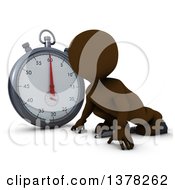 Poster, Art Print Of 3d Brown Man Runner On Starting Blocks By A Giant Stop Watch On A White Background