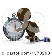 3d Brown Man Runner Taking Off On Starting Blocks By A Giant Stop Watch On A White Background