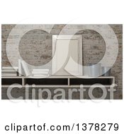 Clipart Of A 3d Shelf With A Frame And Books Against Bricks Royalty Free Illustration