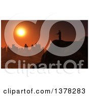 Poster, Art Print Of 3d Silhouetted Soldier On A Lookout Over A City At Sunset