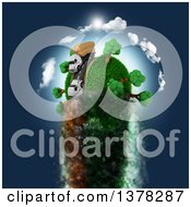 Poster, Art Print Of 3d Roadway With Big Rig Trucks Transporting Boxes Driving Around A Grassy Planet Zooming Through Blue Sky