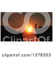 Silhouetted Man Cheering On Top Of A 3d Mountain At Sunset