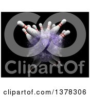Clipart Of A 3d Purple Bowling Smashing Through Bowling Pins On A Black Background Royalty Free Illustration by KJ Pargeter