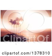 Poster, Art Print Of 3d Tropical Island Sunset Or Sunrise With Silhouetted Palm Trees And A Flare